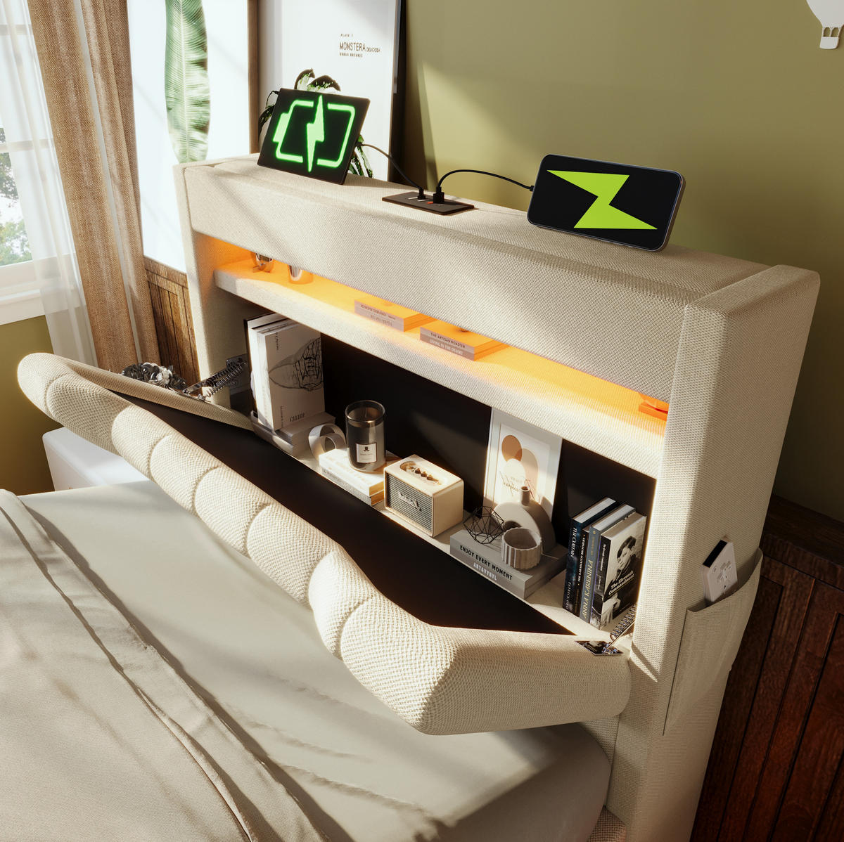 POLSTERBETT 90/200 cm Beige aus Leinen mit Matratze und LED-Beleuchtung - Beige, Textil (90/200cm) - OKMYHOME
