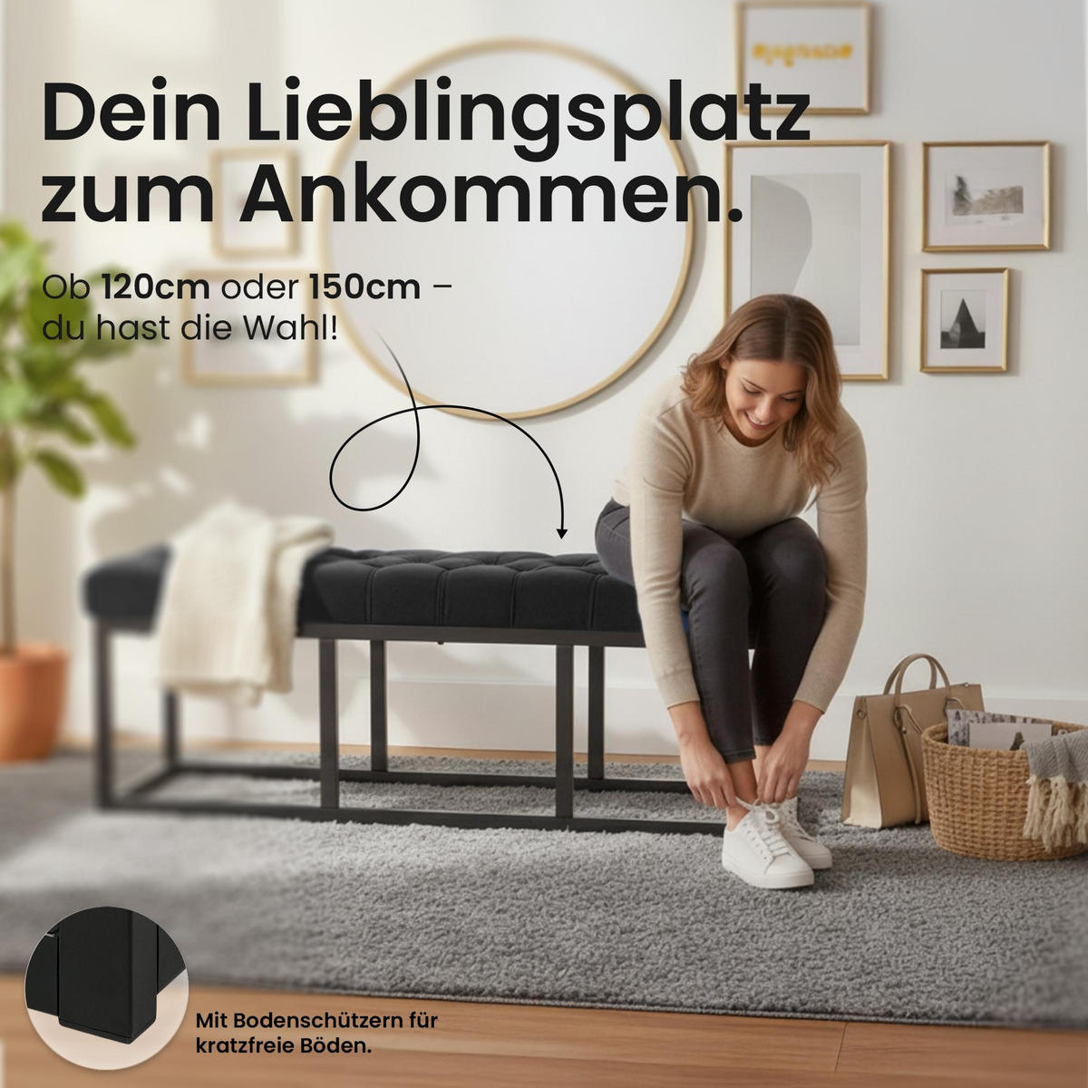 SITZBANK 150/37 cm Samt Schwarz - Schwarz, Textil/Metall (150/42/37cm) - CLP