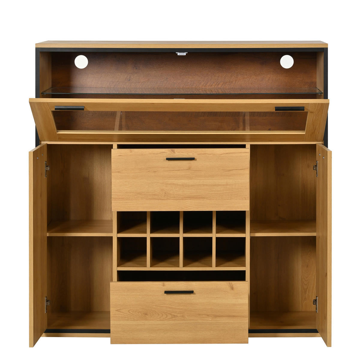 SIDEBOARD 38/110/111 cm mit Weinregal, Glastrennwand und LED-Beleuchtung, Natur/Schwarz - Naturfarben, Holzwerkstoff (110/111/38cm) - Redom