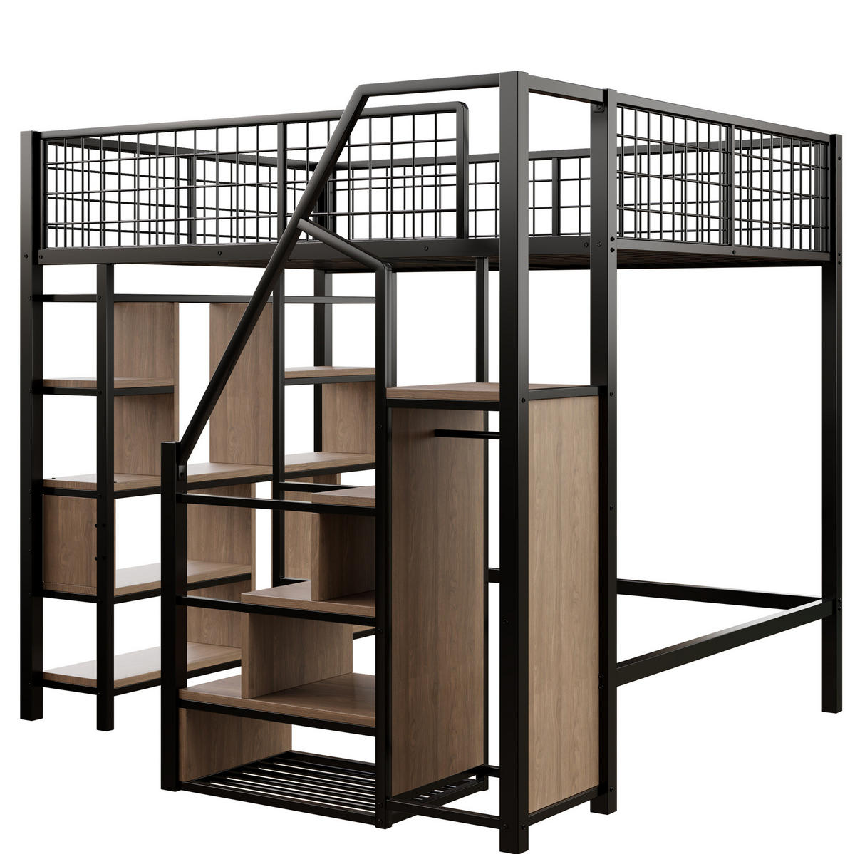 HOCHBETT 140/200 cm in Schwarz – mit Stauraumtreppe und offenem Arbeitsbereich - Schwarz, Metall (140/200cm) - BEAOK
