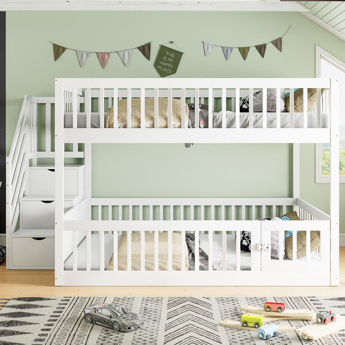 ETAGENBETT Holz 140 x 200 cm Weiß/Grau mit Treppe und Schubladen - Weiß, Holz (140/200cm) - ComfortXL