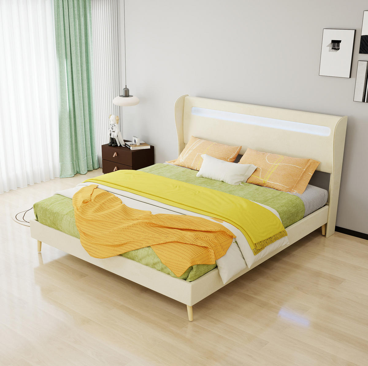 POLSTERBETT 160/200 cm mit verstellbarer Rückenlehne und LED-Beleuchtung, Beige - Beige, Textil (160/200cm) - Redom
