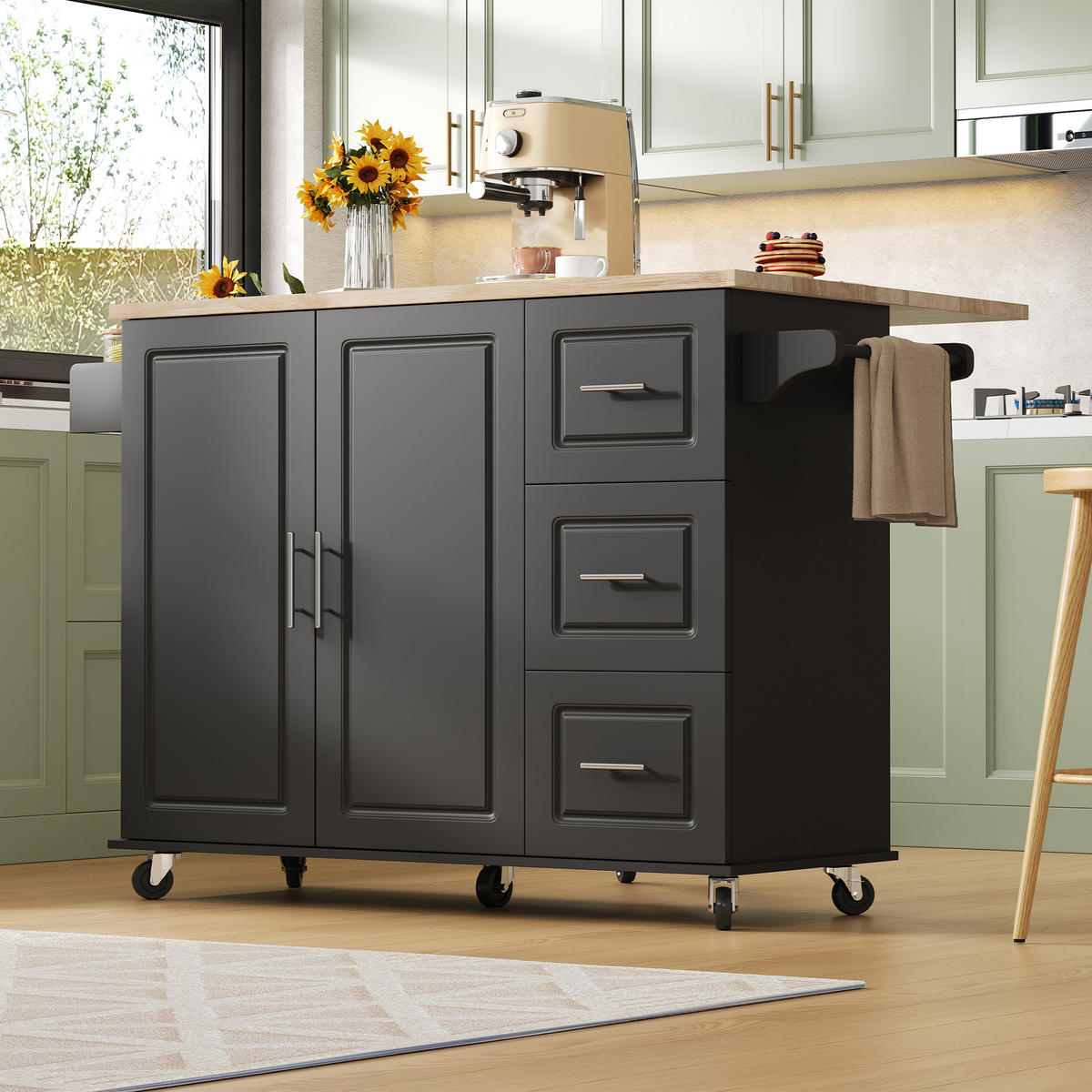 KÜCHENINSEL 137x76x92cm Schwarz mit Klappplatte, Schrank, 3 Schubladen & Rollen - Schwarz, Holzwerkstoff (137/92/76cm) - Modfu