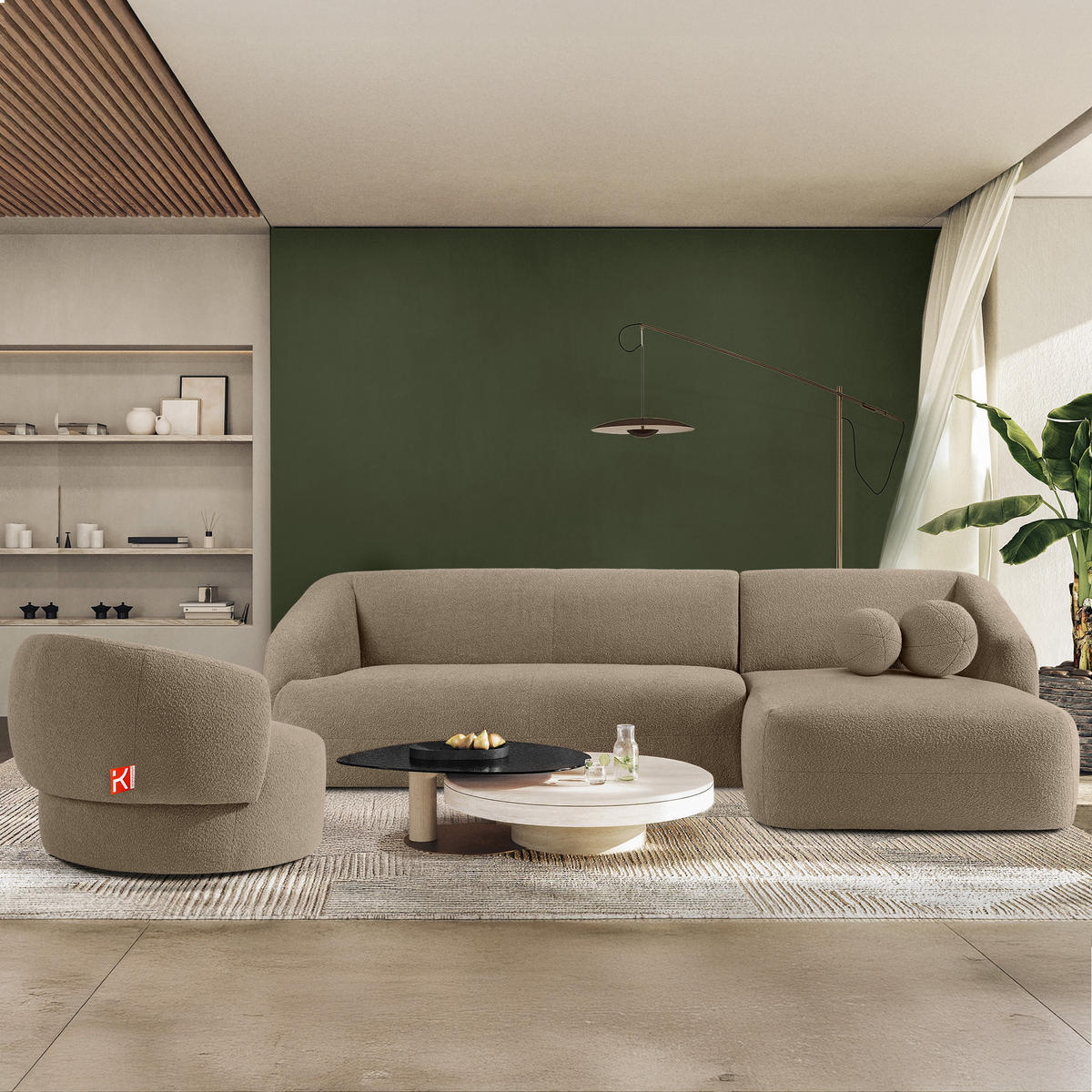 ECKSOFA RECHTS VIRA, Beige, Bouclé - Beige/Schwarz, Holz/Holzwerkstoff (300/160cm) - KONSIMO®