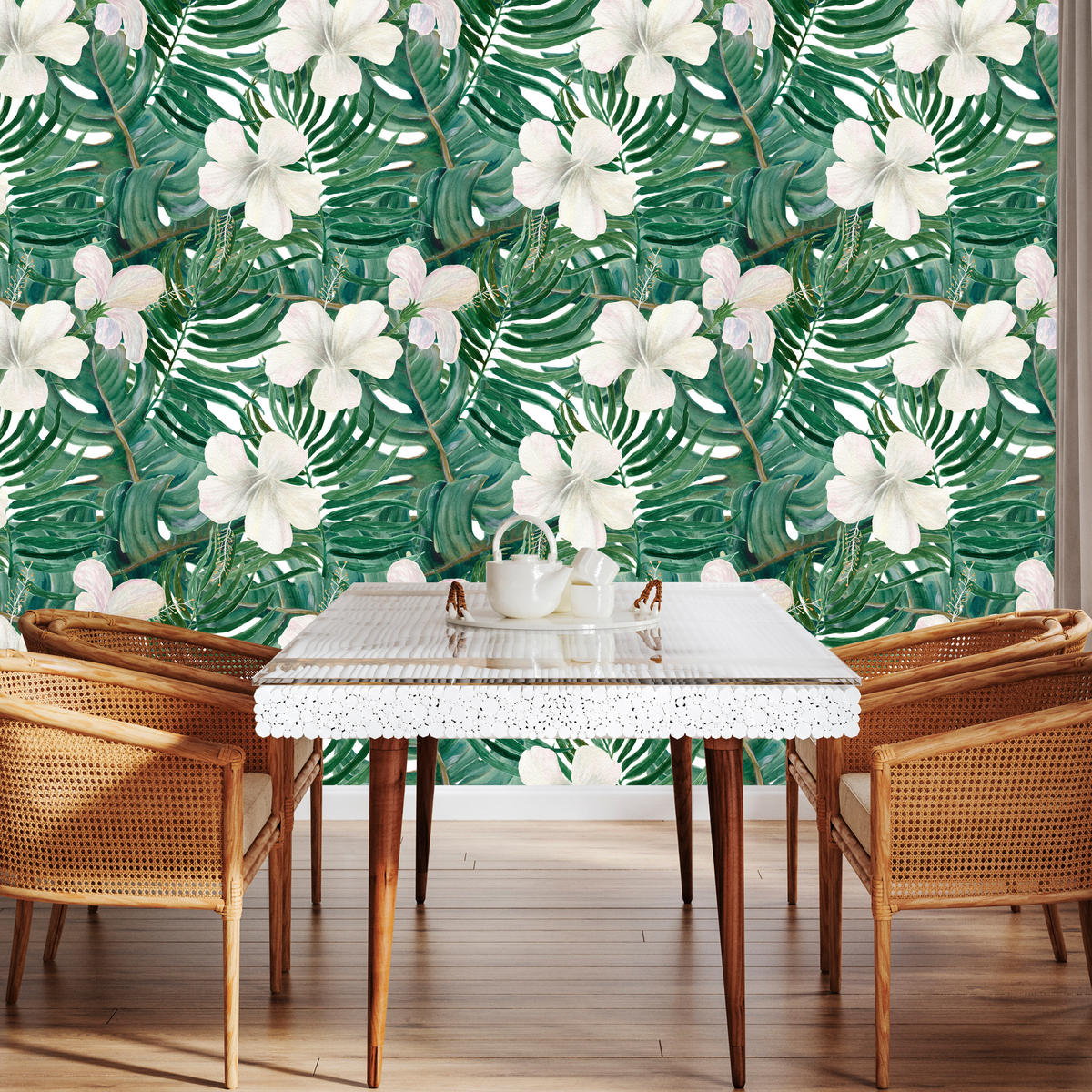 VLIESTAPETE Monstera und Hibiskusblüten – Grün, Weiß – 50x1000 cm - Weiß/Grün, Papier (50/1000cm) - Muralo