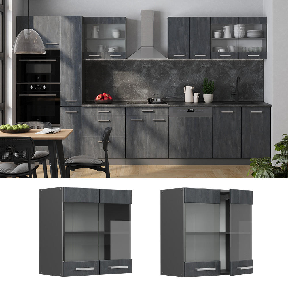 KÜCHENGLASSCHRANK R-Line Schwarz Beton 60 cm - Anthrazit/Schwarz, Holzwerkstoff (60/60/31cm) - Vicco