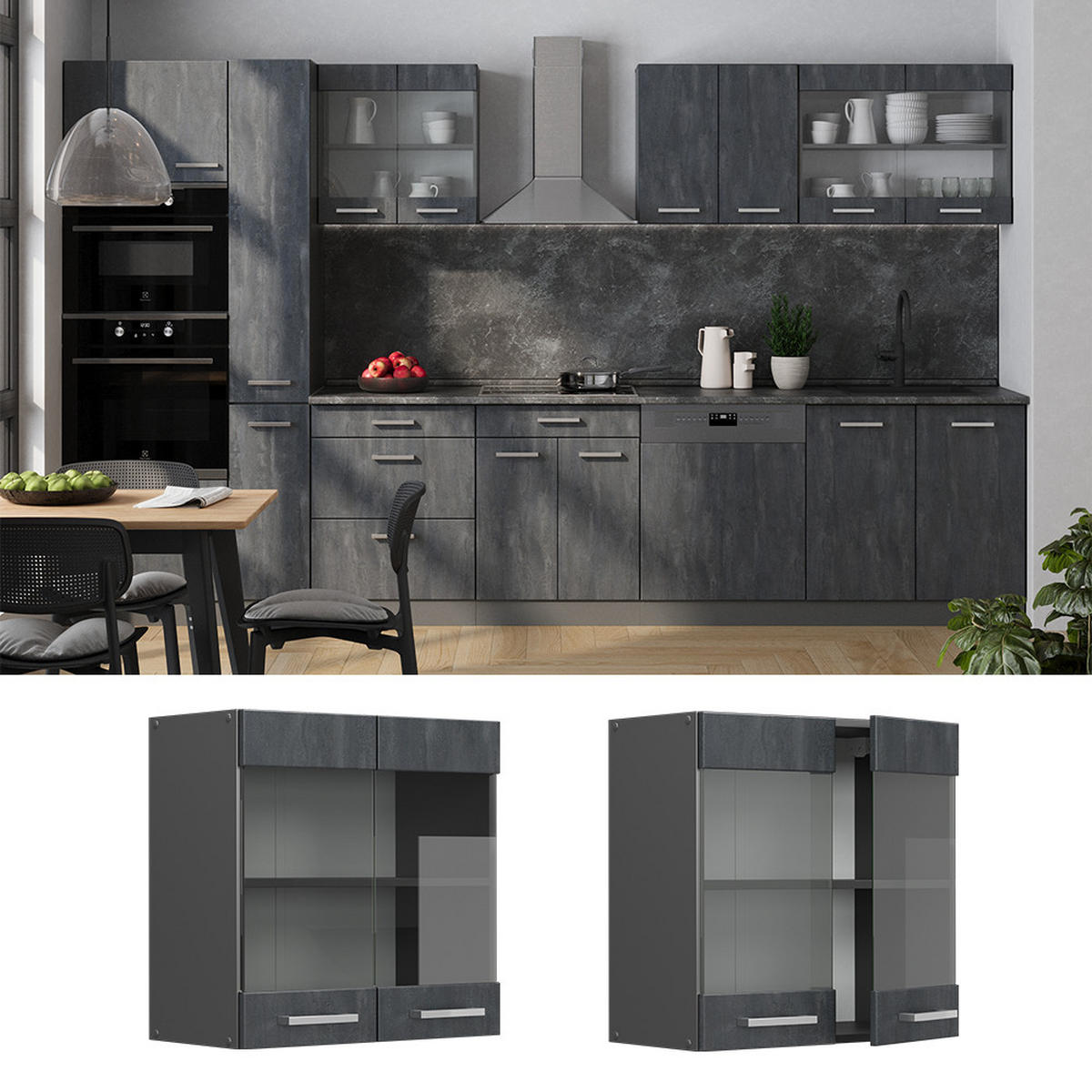 KÜCHENGLASSCHRANK R-Line Schwarz Beton 60 cm - Anthrazit/Schwarz, Holzwerkstoff (60/60/31cm) - Vicco