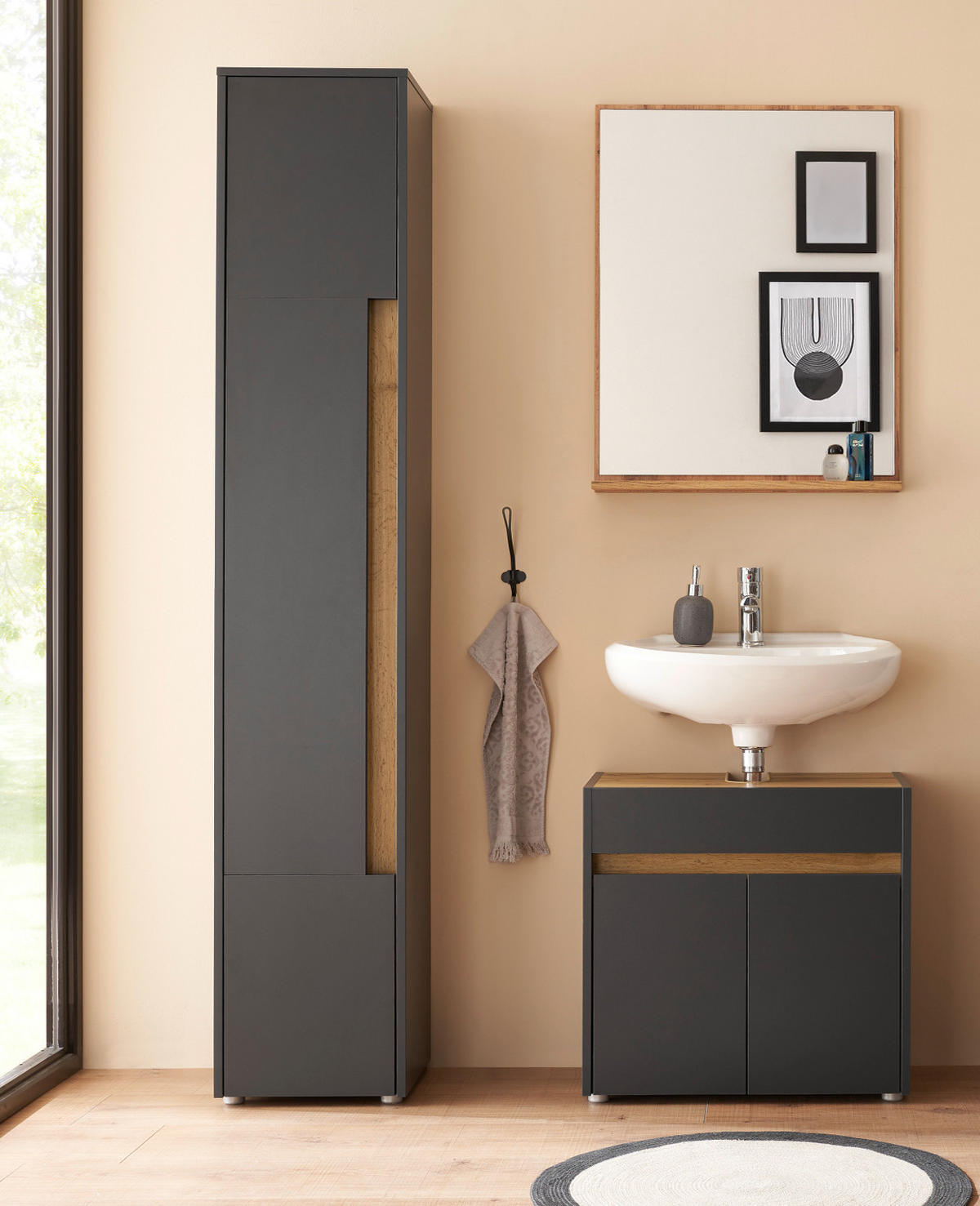 BAD-HOCHSCHRANK grau matt, Wotan Eiche, Badschrank 34 x 200 cm - Eiche Wotan/Schwarz, Holzwerkstoff/Kunststoff (34/199/34cm) - Furn.Design