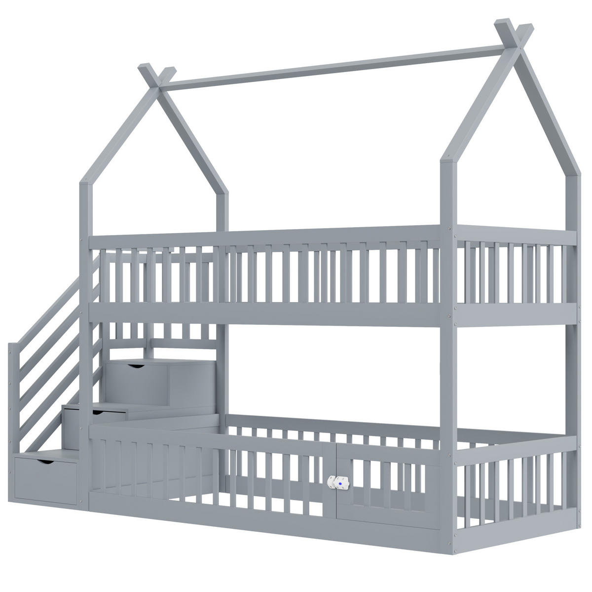 ETAGENBETT 90/200 cm mit Dach, Sicherheitstreppe und Schubladen, Grau - Grau, Holzwerkstoff (90/200cm) - Redom
