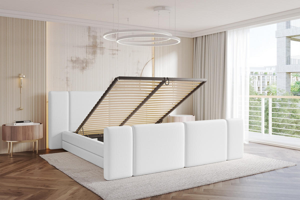 POLSTERBETT mit Bettkasten, Fußteil und Lattenrost, Bett mit Matratze H3/H4 - TEVO-Z 140x200 Weiß - Weiß Hochglanz, Holzwerkstoff/Textil (140/200cm) - ALTDECOR