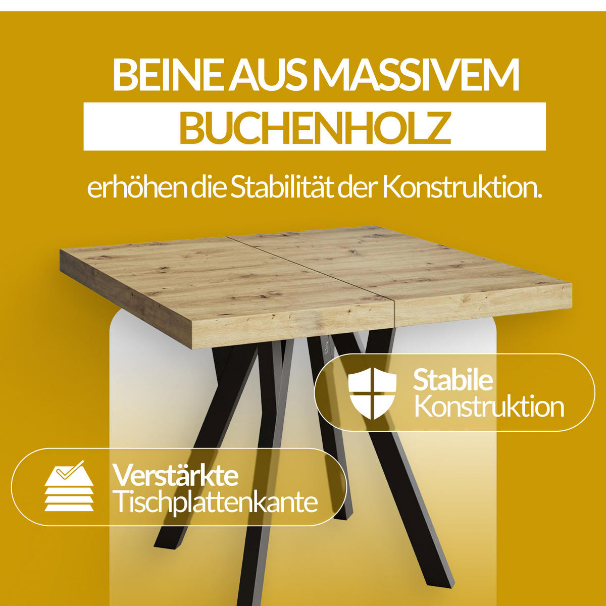 QUADRATISCHER Esstisch ausziehbar – Moderner Wohnzimmertisch und Küchentisch – Tisch mit Holzbeinen, Durchmesser 90 cm - 190 cm - Farbe Craft - Weiß/Braun, Holzwerkstoff (90/90/77cm) - Alpi-Möbel