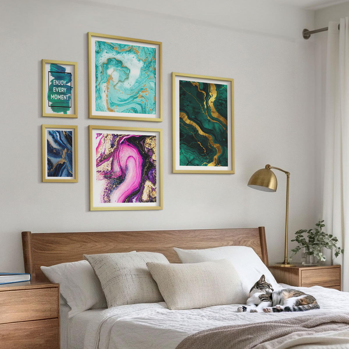BILDER SET 5er Set - 50x50 cm & 20x30 cm & 40x60 cm Goldrahmen - Abstrakte Muster in Rosa, Grün und Blau - Goldfarben, Kunststoff (40/60cm) - TULUP