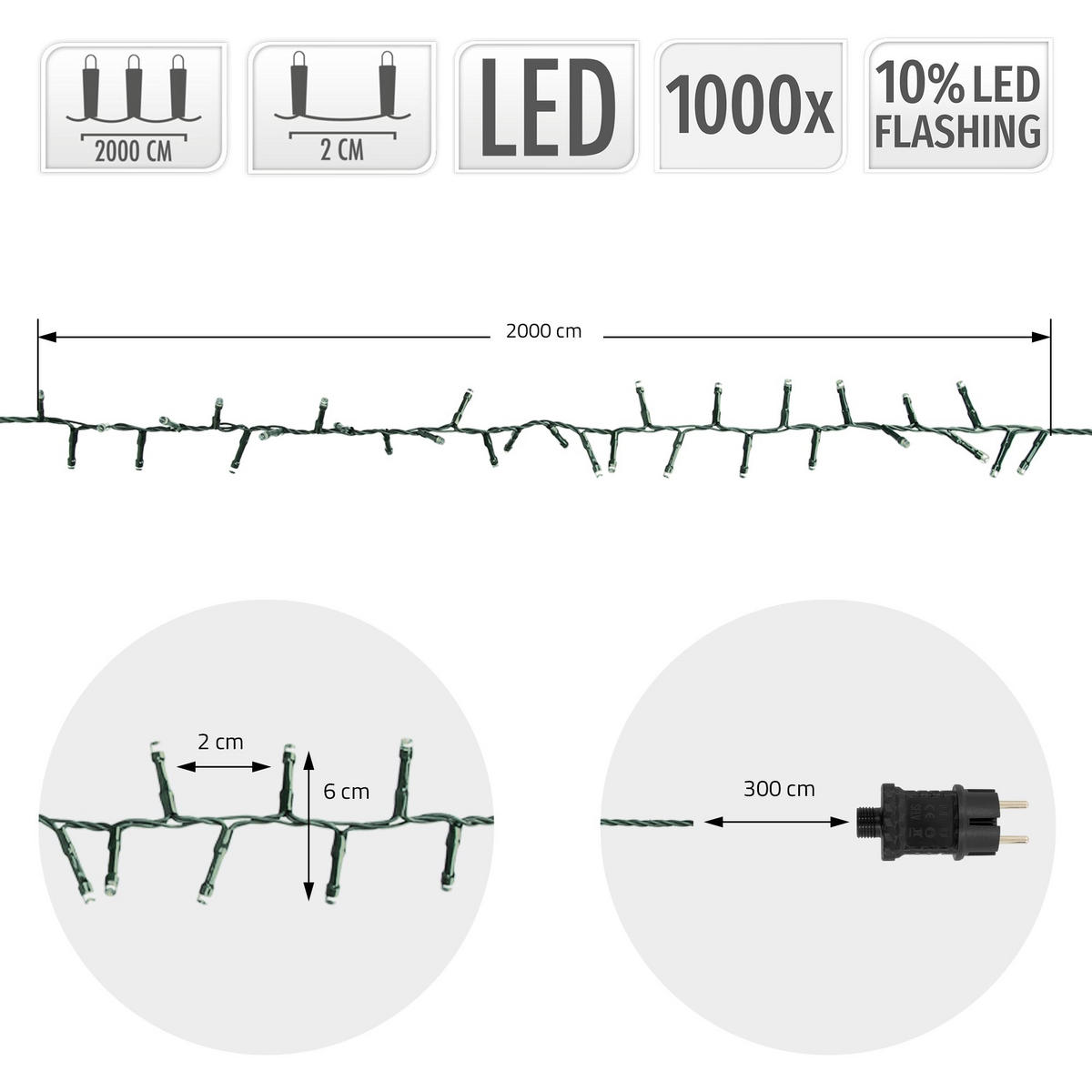 LED světelná řetězová girlanda Cluster pro venkovní i vnitřní použití, 20 m, vánoční osvětlení, 1000 LED, teplá bílá - černá, plast (2300cm) - ECD-Germany