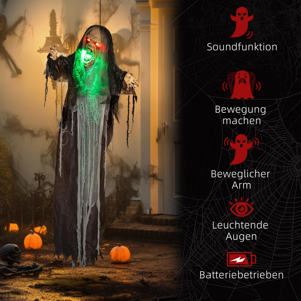 HALLOWEEN DECORATIONS 183cm Hängendes Monster mit grün LED-Lichter, Soundfunktion - Schwarz, Kunststoff/Metall (70/183/18cm) - HOMCOM