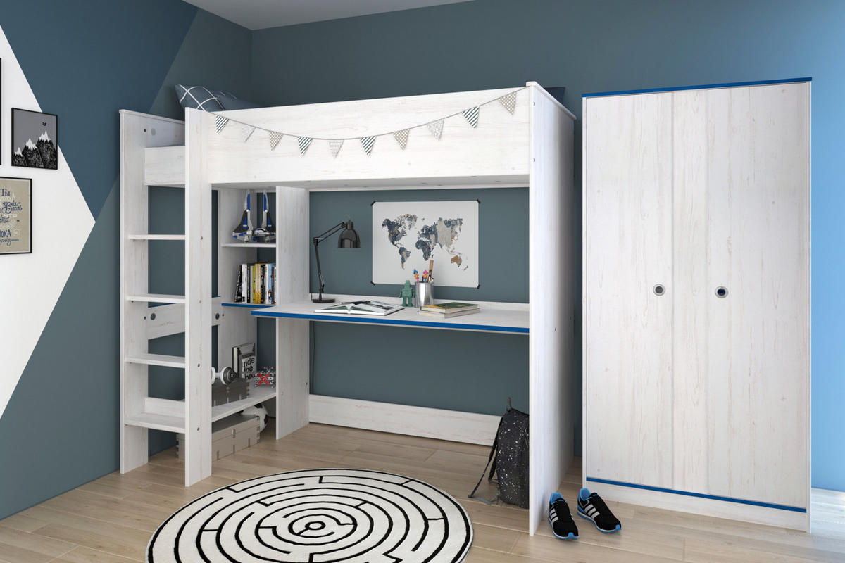 JUGENDZIMMER Set Hochbett 90x200 Schreibtisch Kleiderschrank - Blau/Weiß, Holz/Holzwerkstoff (206/182/108cm) - Parisot Meuble