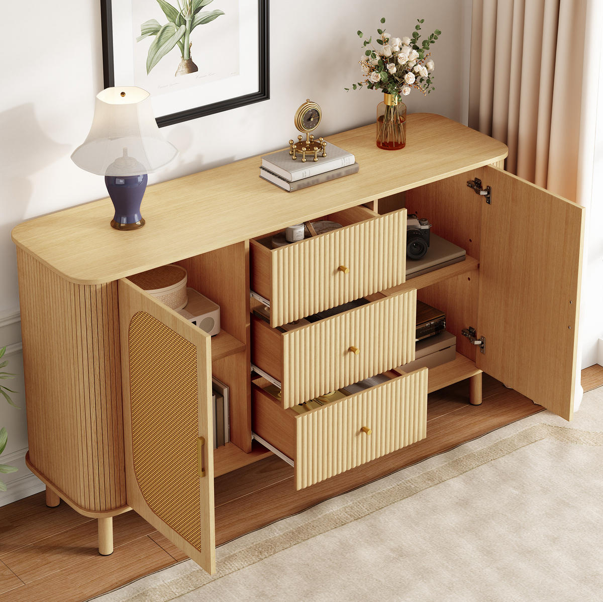SIDEBOARD 140/40/80 cm in Naturfarbe mit 2 Türen, Schubladen & Metallbeinen - Naturfarben, Holzwerkstoff (140/80/40cm) - BEAOK
