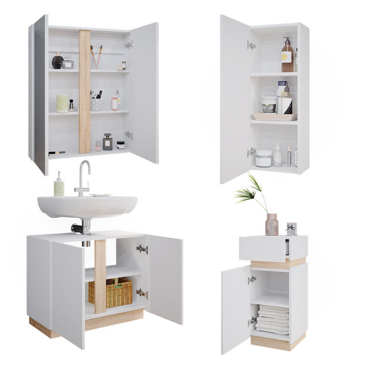 BADMÖBEL-SET Gloria Weiß 4 Teile - Weiß/Sonoma Eiche, Holzwerkstoff (70/55/34cm) - Vicco
