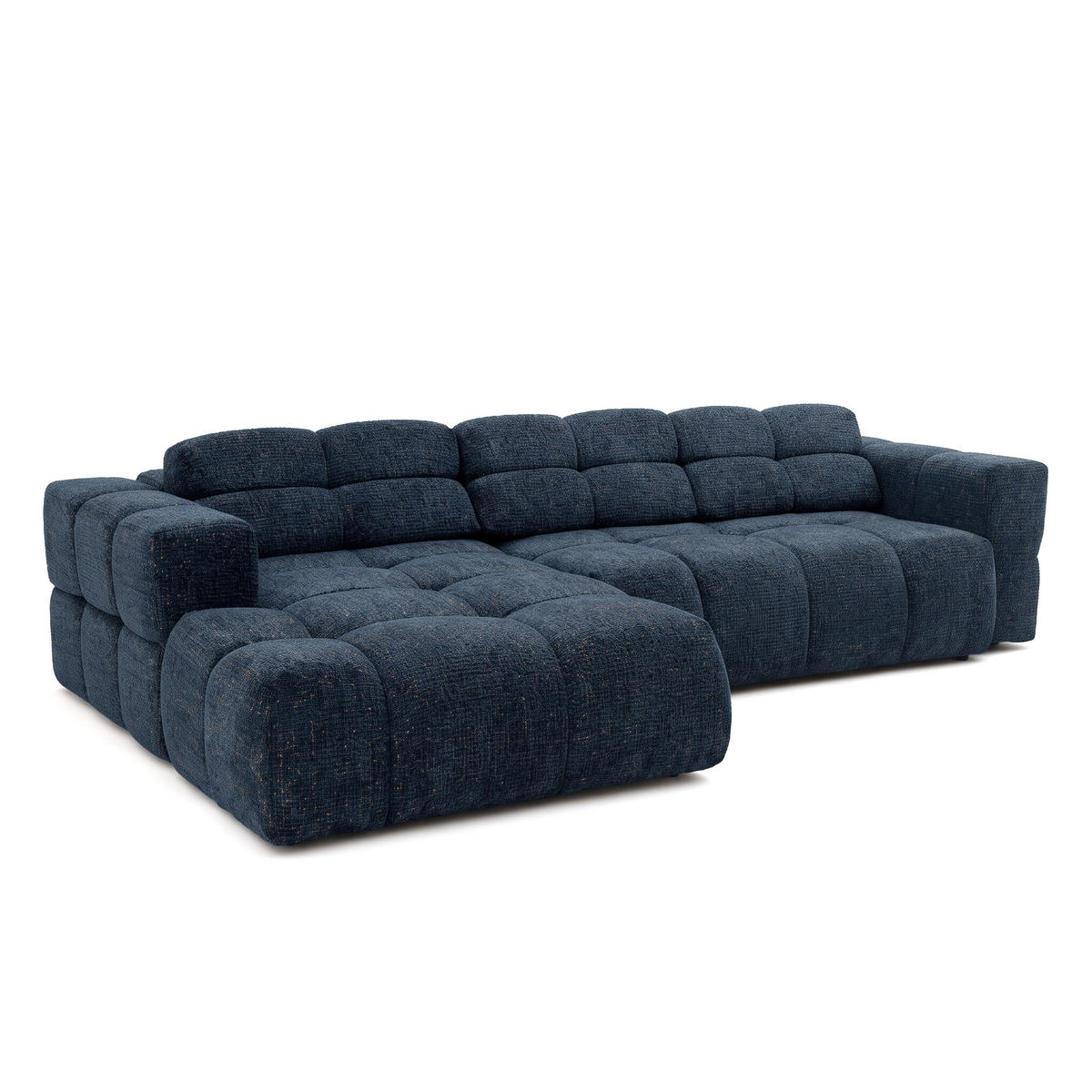 ECKSOFA TENDER Links mit Schlaffunktion und Verstellbare Kopfstützen, Chenille dunkelblau - Schwarz/Dunkelblau, Holz/Kunststoff (315/176cm) - Muffo