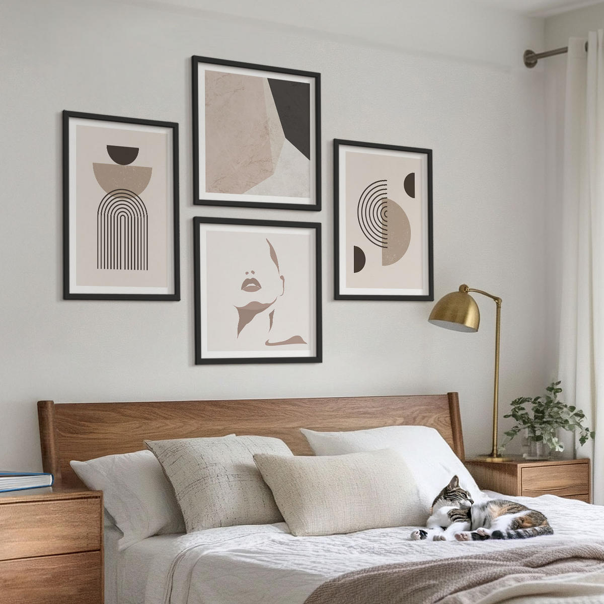 BILDER SET 4er Set - 50x50 cm & 40x60 cm Schwarzer Rahmen - Abstrakte Gesichtsformen - Schwarz, Kunststoff (50/50cm) - TULUP