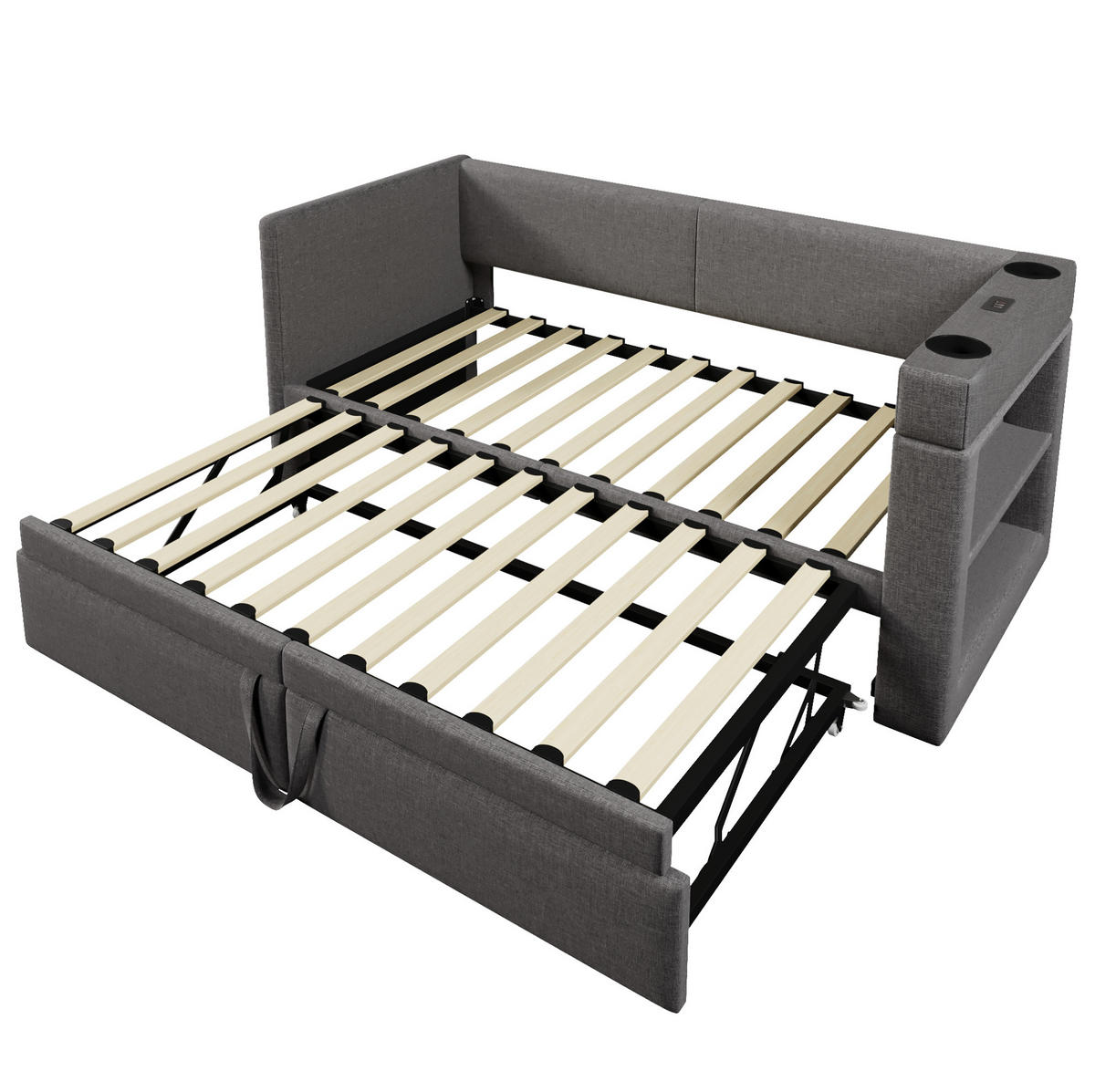 BETT 90/200 cm mit Ausziehbett und USB/Type-C in Grau - Grau, Textil (90/200cm) - BEAOK