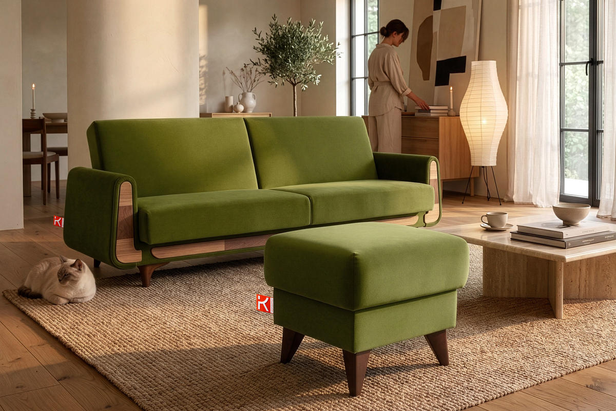 HOCKER GUSTAVO Fußstütze, Velours, Olivgrün - Olivgrün, Holz/Holzwerkstoff (53/49/53cm) - KONSIMO®