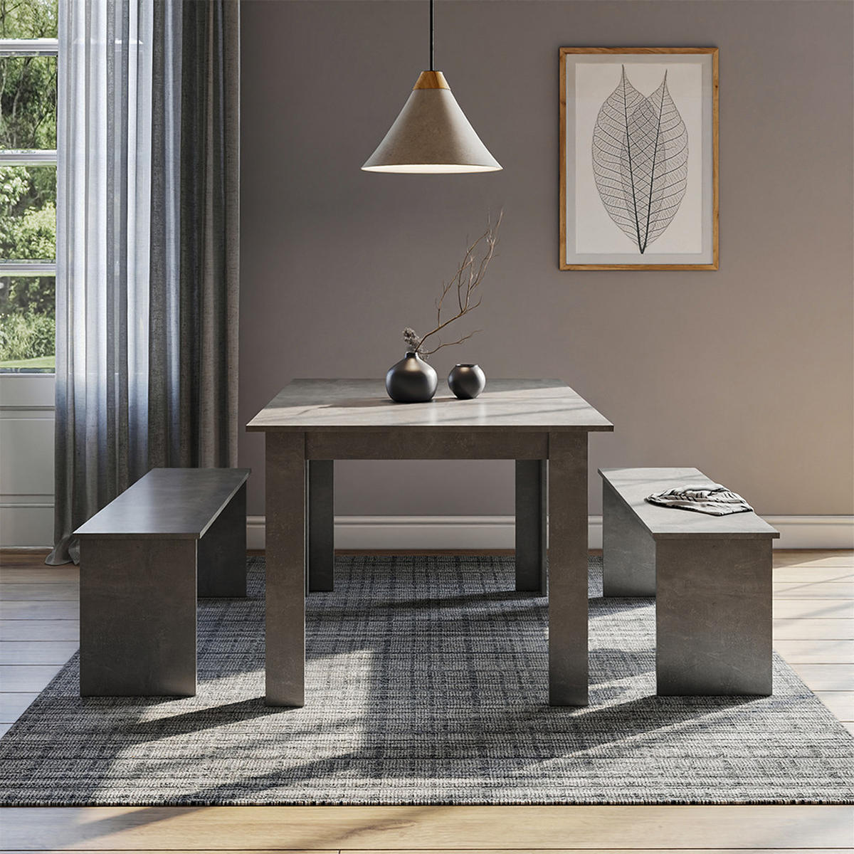 ESSTISCH SET Sentio Beton 137.6 x 92.8 cm mit 2 Bänken - Grau, Holzwerkstoff (137.6/73/92.8cm) - Vicco