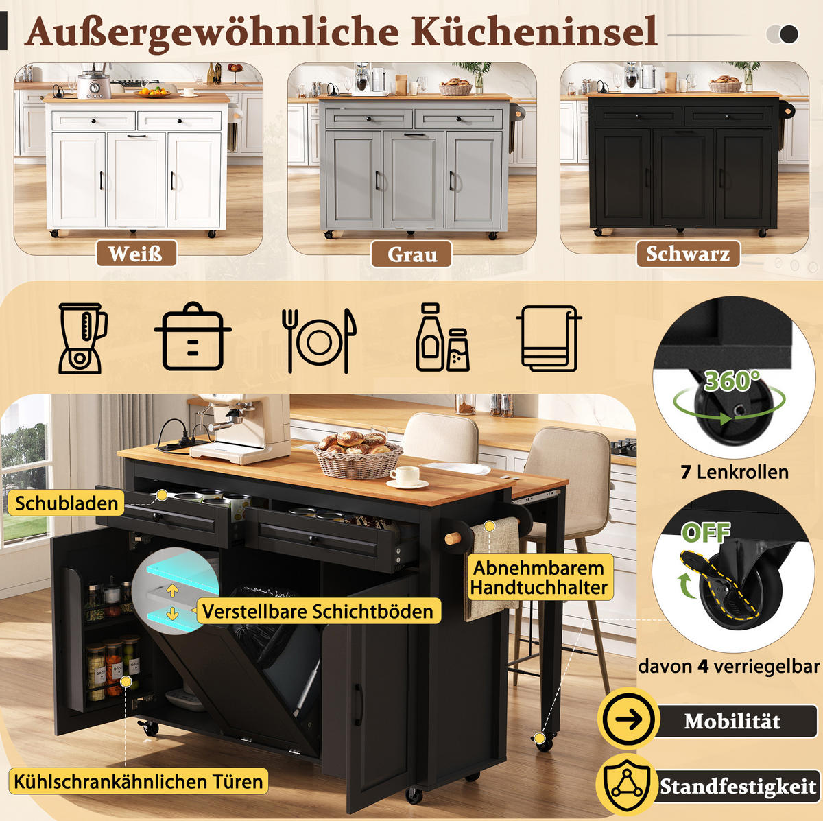 KÜCHENINSEL mit Ausziehplatte 120 cm Schwarz MDF - Schwarz, Holz (40/92/120cm) - Beauniv