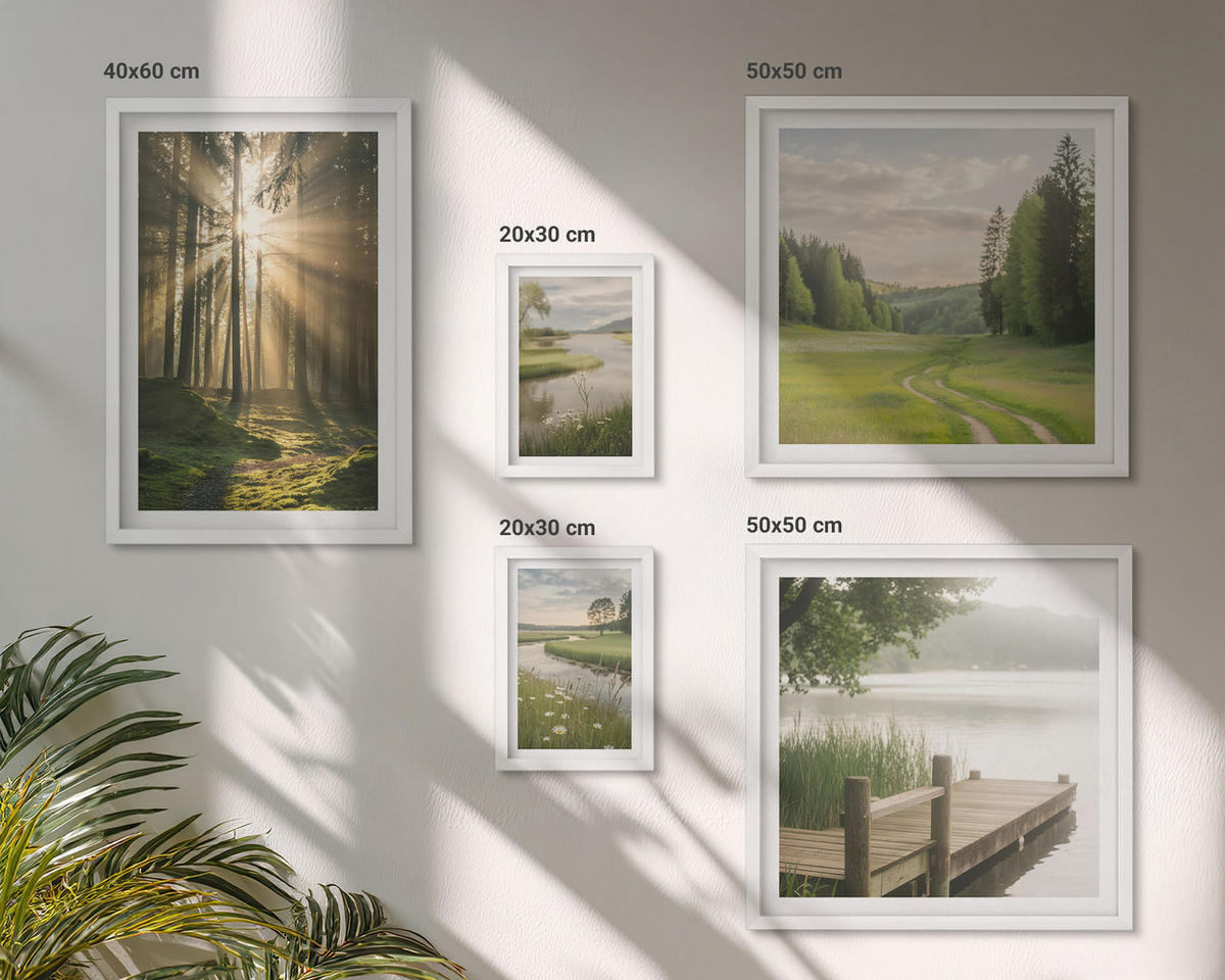 BILDER SET 5er Set - 50x50 cm & 20x30 cm & 40x60 cm Weißer Rahmen - Frühlingslandschaft Flusswiese - Weiß, Kunststoff (40/60cm) - TULUP