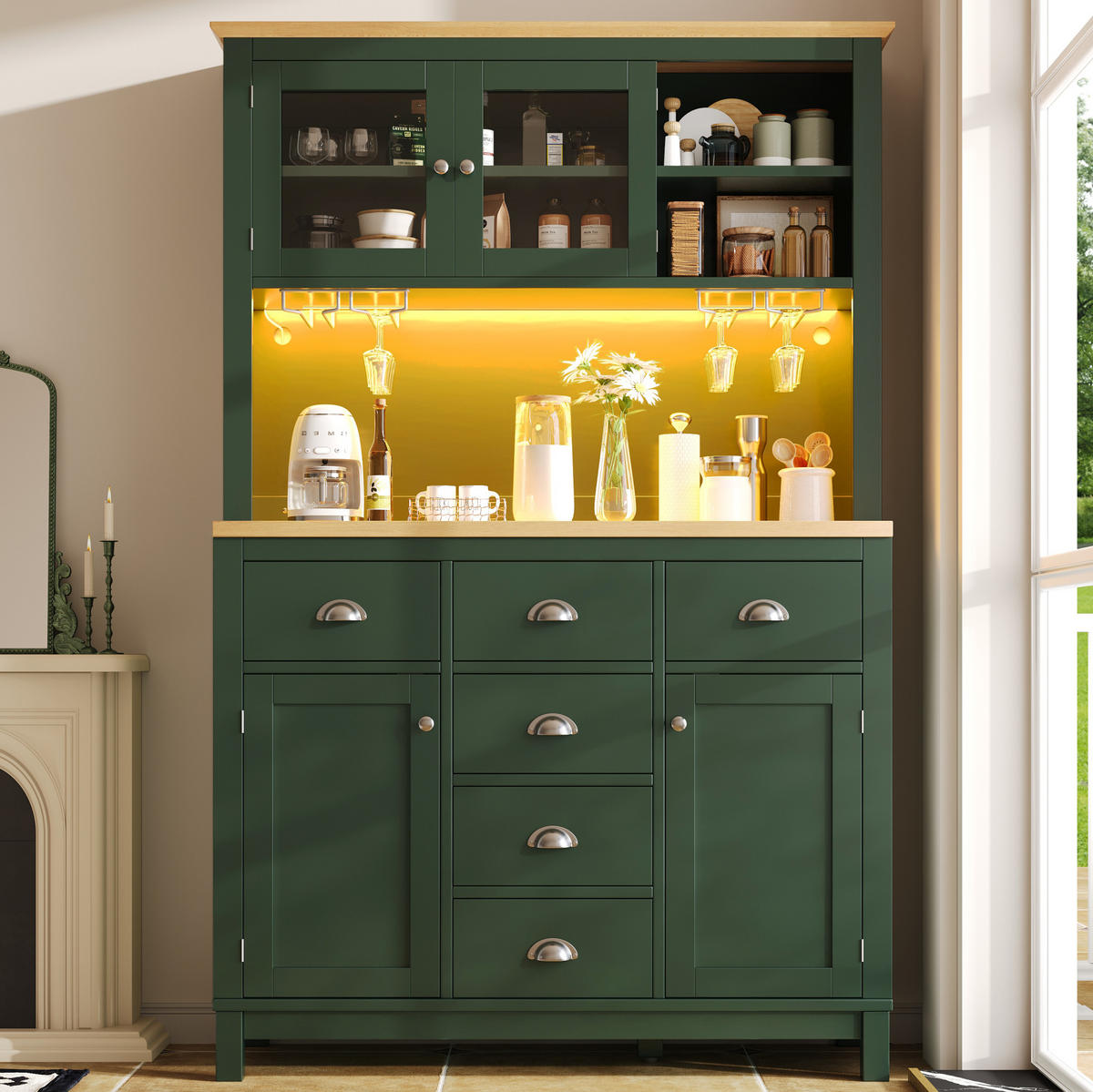 BUFFET 104/40/180 cm aus MDF mit LED-Lichtleiste und viel Stauraum Grün - Grün, Holzwerkstoff (104/180/40cm) - Modenvie