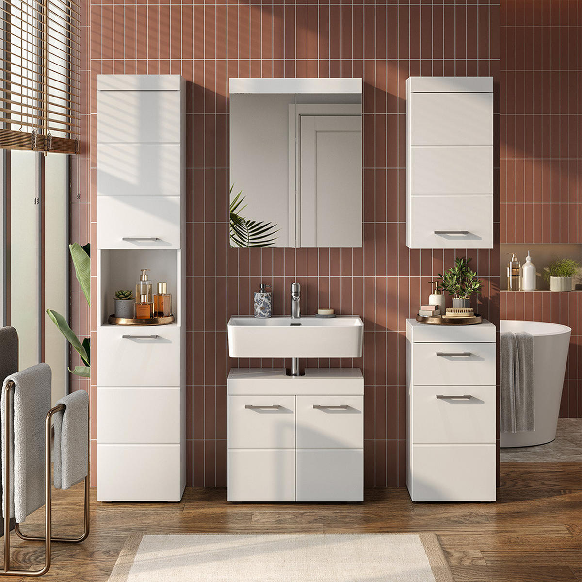 BADMÖBEL-SET Luna Weiß 3 Teile, mit Hochschrank - Weiß, Holzwerkstoff (60/56/34cm) - Vicco