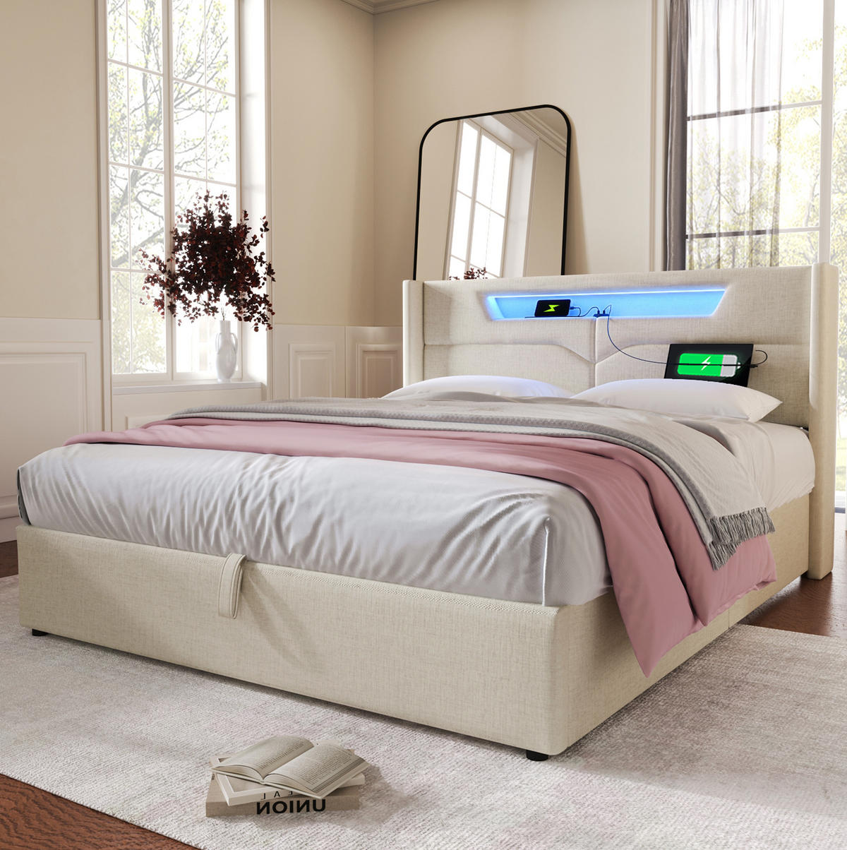 POLSTERBETT mit LED, USB und Stauraum 160x200 cm Leinen Beige - Beige, Metall (160/200cm) - Meubliv