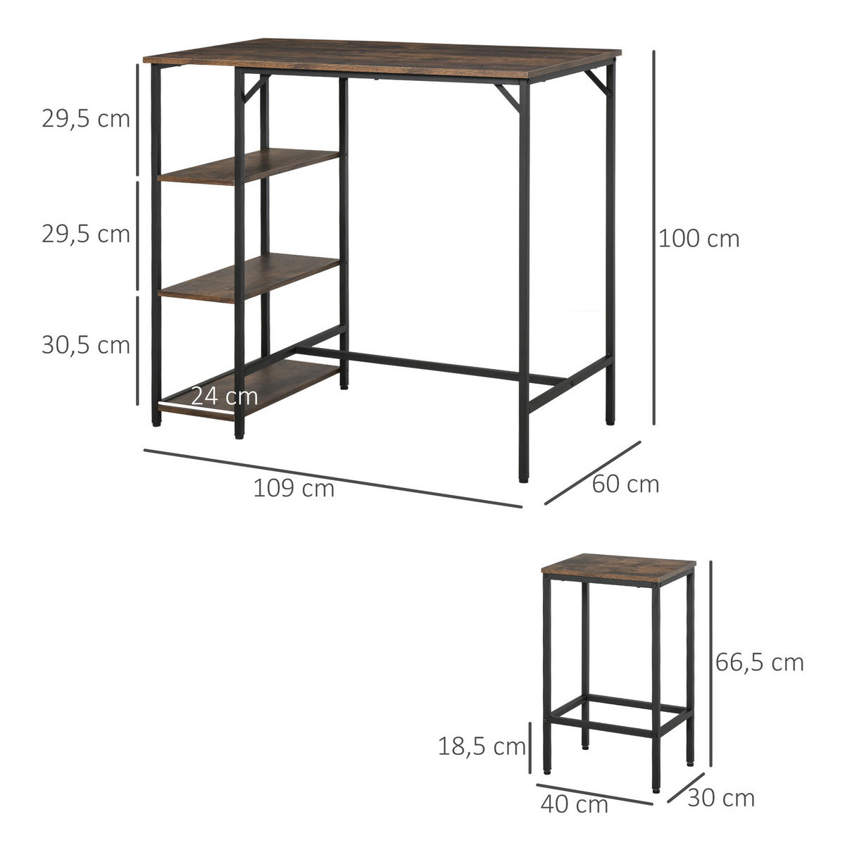 BARTISCH-SET, Spanplatte, Schwarz+Braun - Schwarz, Kunststoff (60/100/109cm) - HOMCOM