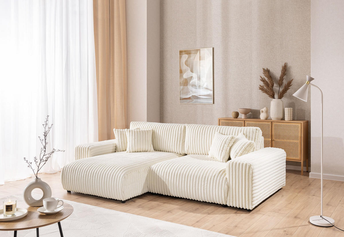 ECKSOFA Mollis Hellbeige Plüschcord - Ottomane Links - Beige/Schwarz, Holz/Kunststoff (255/168cm) - S-Style Möbel