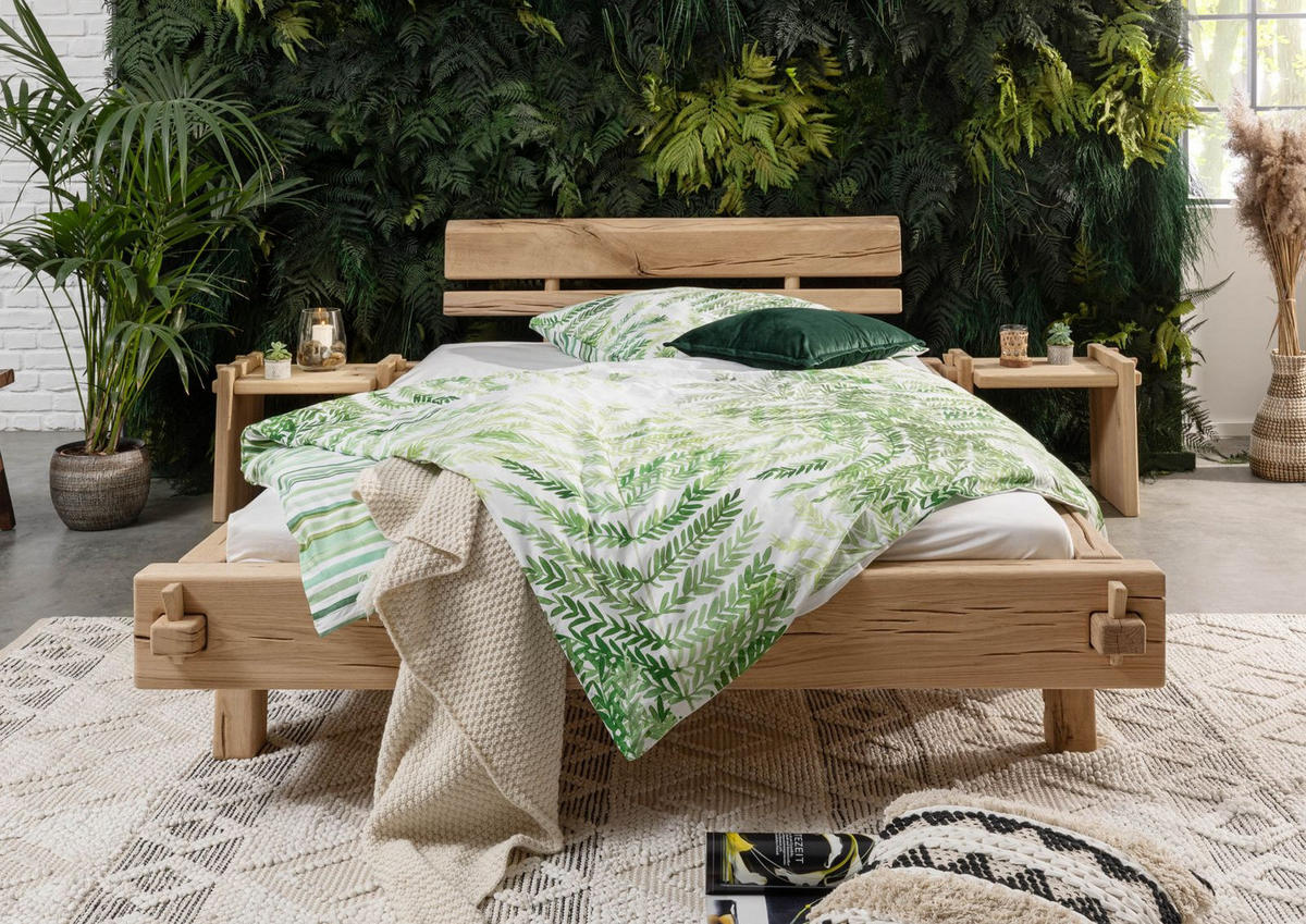 BETT Massivholz Eiche 160 x 200 x 85 natur OAK HEART #02 - Braun, Holz (160/200cm) - Massivmoebel24