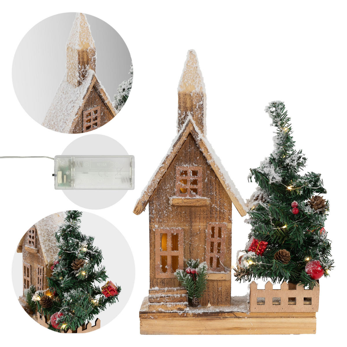 WEIHNACHT HAUS mit Baum - Braun, Holz (11/44/27cm)