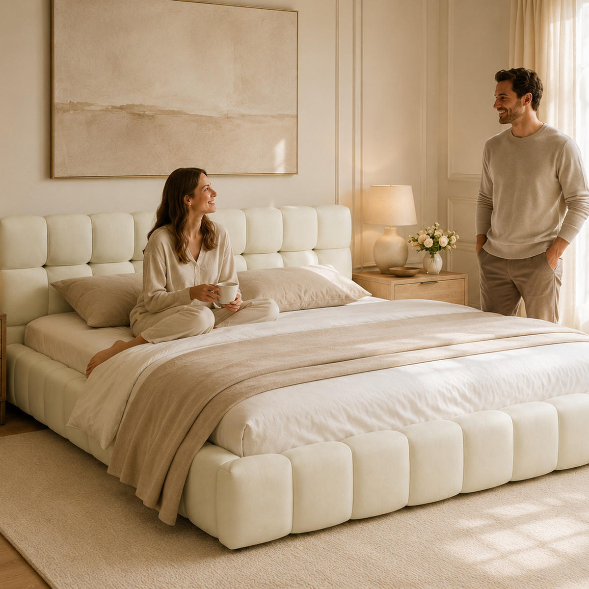 POLSTERBETT 140/190 cm in Beige, Puff Stoffbett mit gepolsterter Rahmen, modernes Schlafzimmer Bettgestell - Beige, Holz/Metall (140/190cm) - Joyfair