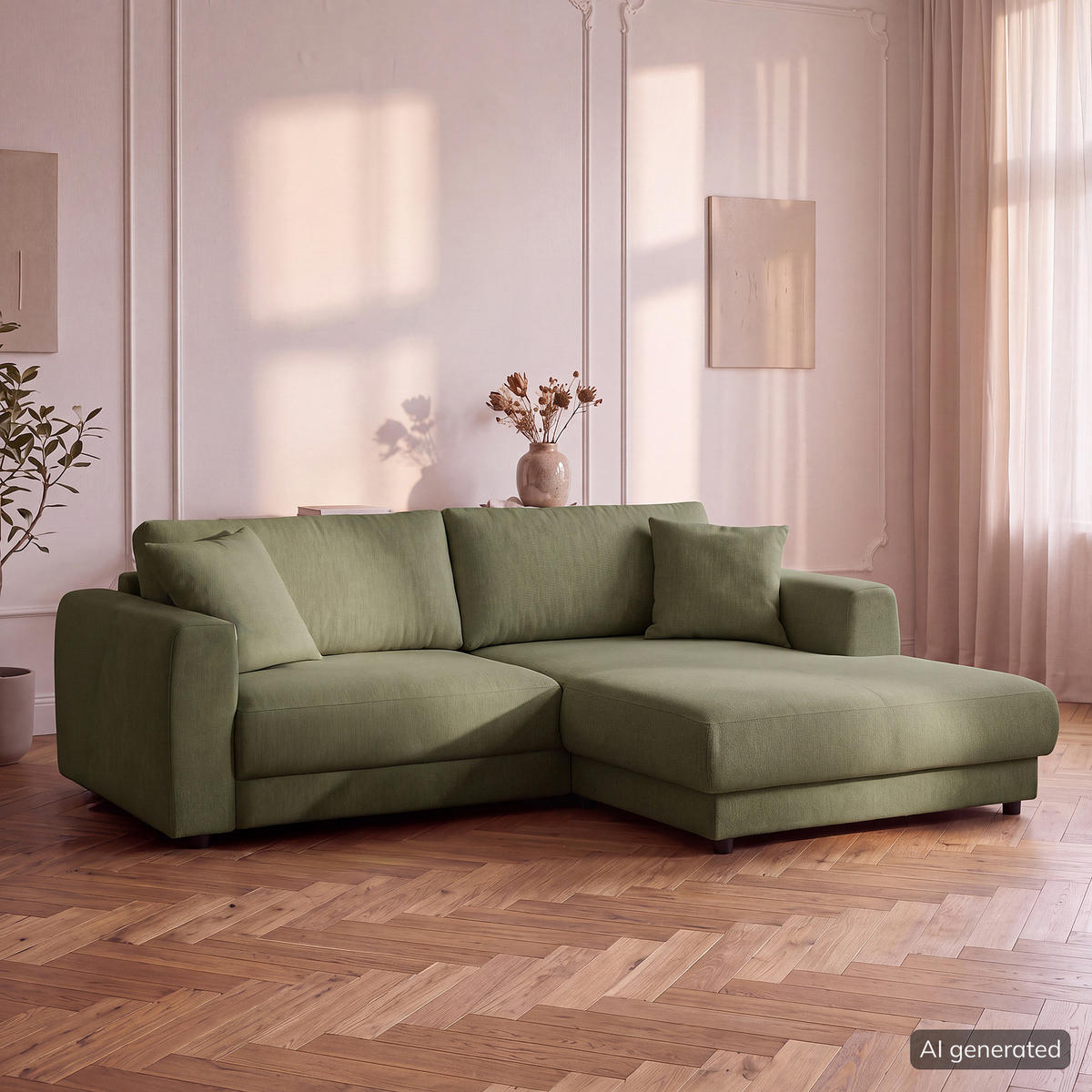 ECKSOFA mit Longchair - Schwarz/Grün, Holz/Kunststoff (238/183cm) - home24