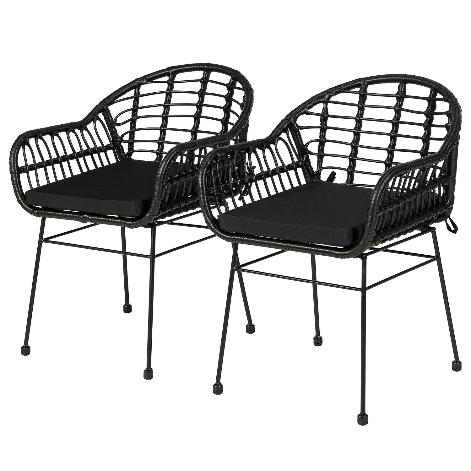GARTENSTUHL - 2er-Set - Polyrattan / Stahl - Schwarz, Textil/Metall (53/76/54cm) - home24