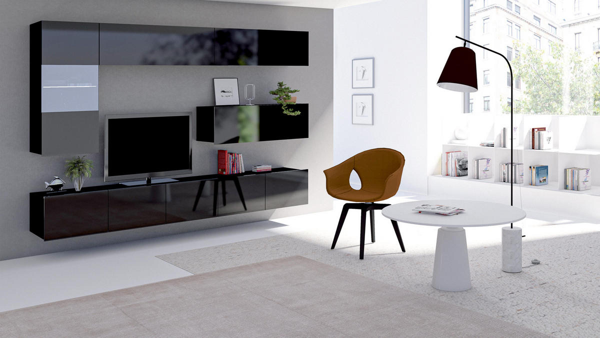 WOHNWAND Kossana 4 Modern Schwarz 255/142/43 cm Schrankwand - Schwarz, Holzwerkstoff/Kunststoff (255/142/43cm) - AX Living