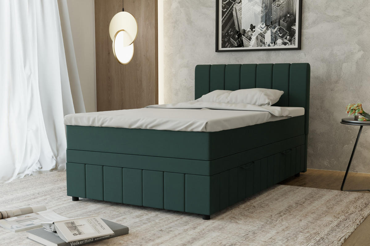 BOXBETT AVALON 120 x 200 cm mit Bettkasten und Topper - Dunkelgrün - Dunkelgrün, Holz - Panda Möbel