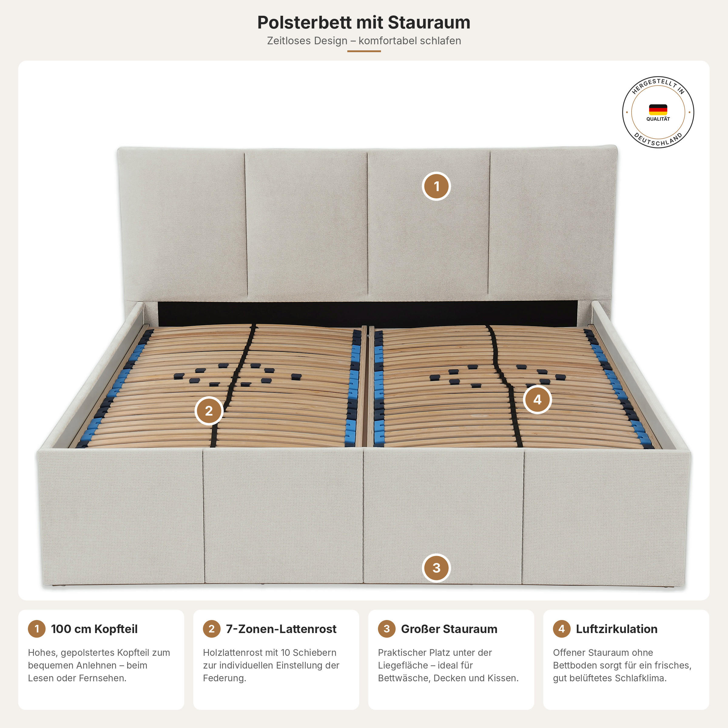 POLSTERBETT Dalas Beige 200 x 200 x 40 cm Stauraum Mit hochwertiger Matratze H2 (bis 100 kg) und Lattenrost - Beige, Holz (200/200cm) - Halmon Schlafkomfort Betten 