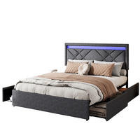 POLSTERBETT 160x200cm grau Stoff, LED-Kopfteil, 4 Metallschubladen - Grau, Holz