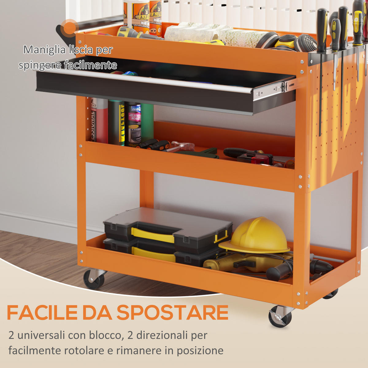 WERKZEUGWAGEN mit Schublade und 3 Ablagen, 82 x 35 x 76 cm, Orange - Multicolor, Kunststoff (35/76/82cm) - FORIOUS