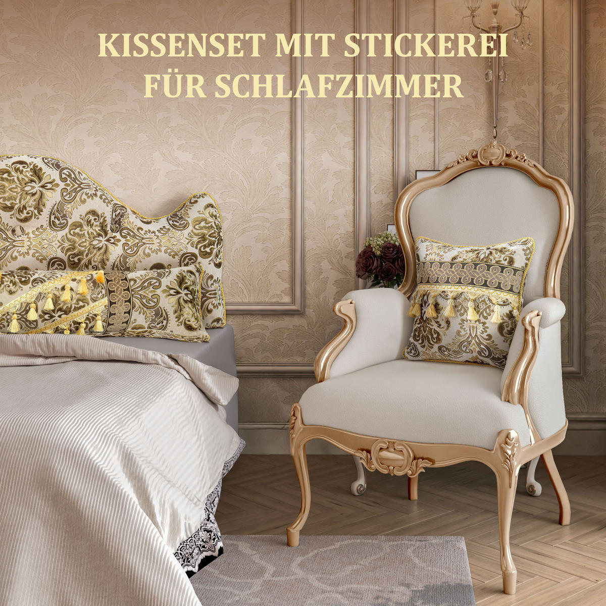 NACHTTISCHKISSEN Goldene Blume Beige 60*140cm 3er-set - Beige, Textil (15/140cm) - Vercart