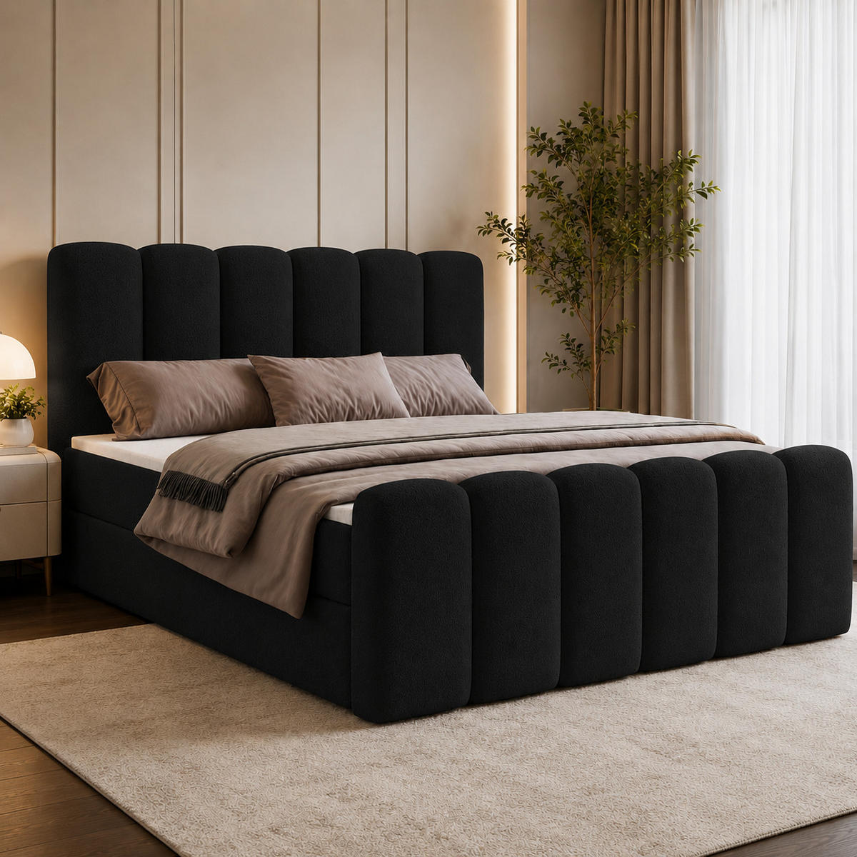 BOXBETT NOLA 200x200 mit Bettkasten, Matratze & Topper – Schwarz Bouclé - Schwarz, Textil (200/200cm) - Luxkor24