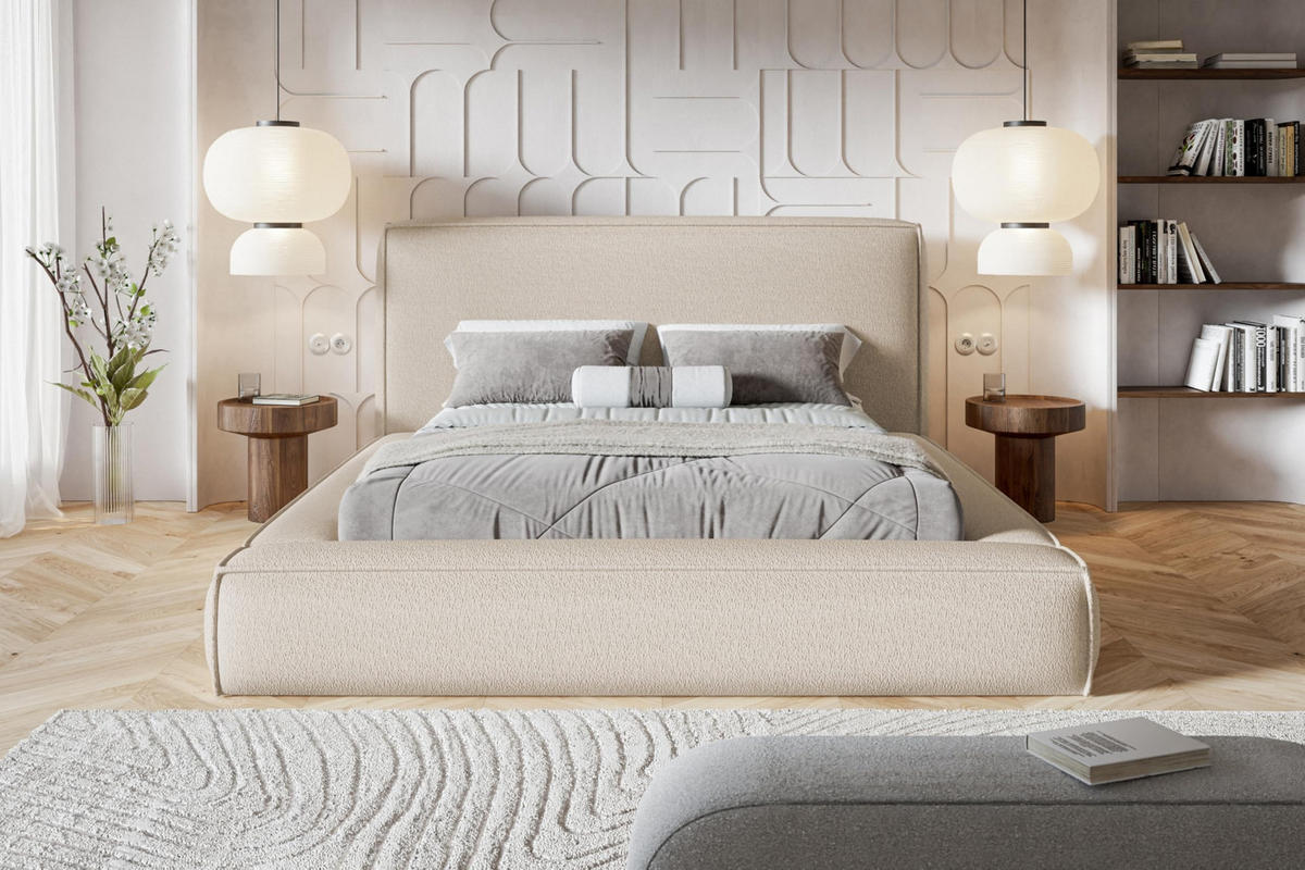BETT 180x200 - Polsterbett mit Bettkasten und Metallrahmen - Modern Bett - Eleganter Catch-Me-Stoff - Kollektion Luna Maxi - Beige - Beige, Holz/Textil (180/200cm) - Alpi-Möbel