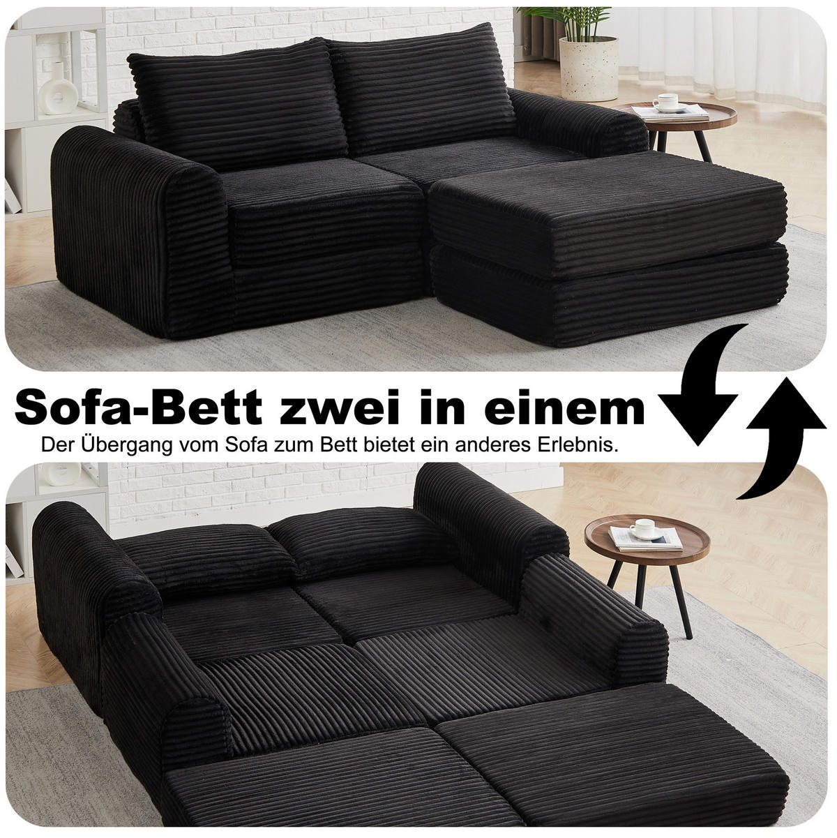 SCHLAFSOFA, Cord mit modularer Fußstütze, als Sofa & Bett, 243/194/53 cm, Schwarz - Schwarz, Textil (243/53/194cm) - Redom