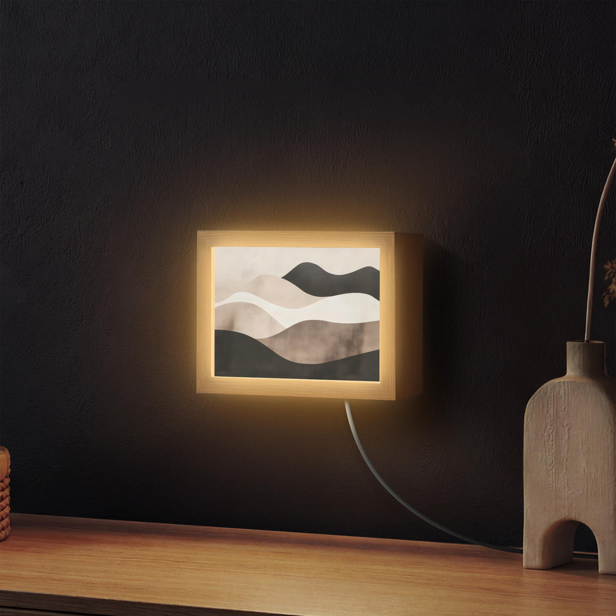 NÁSTĚNNÁ LAMPA Abstraktní - Krajina - Vlny - Krémová barva 20x15 cm - šedohnědá, kompozitní dřevo (20/15/8cm) - OnlyWow