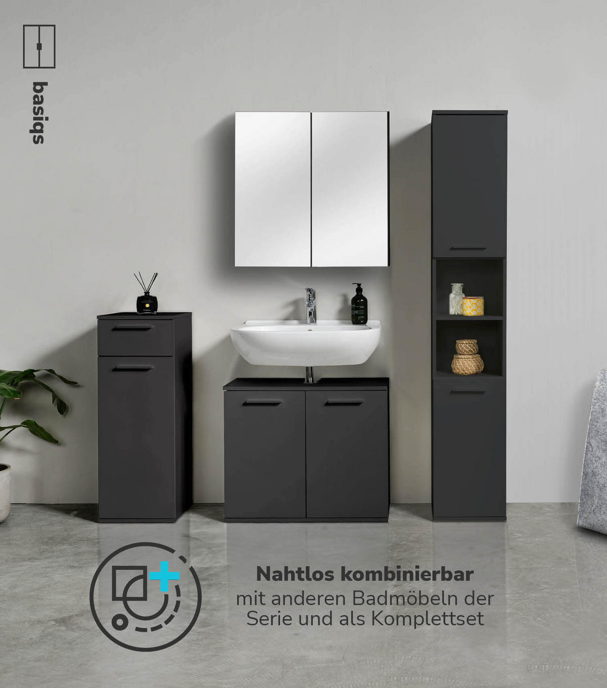 BAD-BEISTELLSCHRANK Der Matrose - Anthrazit/Schwarz, Holzwerkstoff (33/91/34cm) - Mokebo