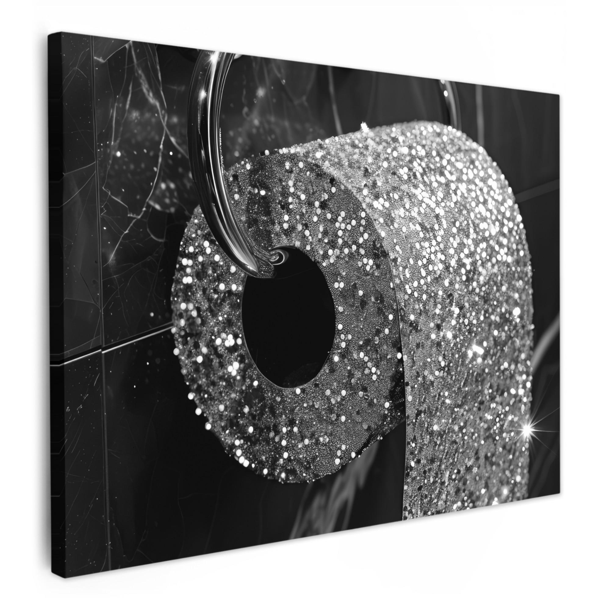 LEINWANDBILD WC - Toilettenpapier - Schwarz und weiß - Glitter 70x50 cm - Silberfarben, Textil (70/50cm) - MuchoWow